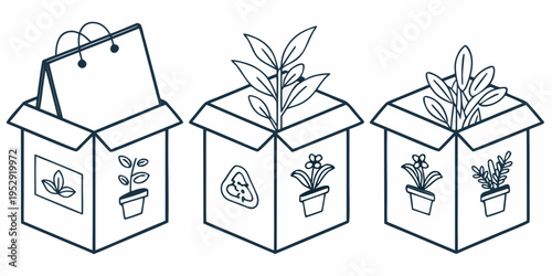 Three boxes with plants and a shopping bag with a plant inside