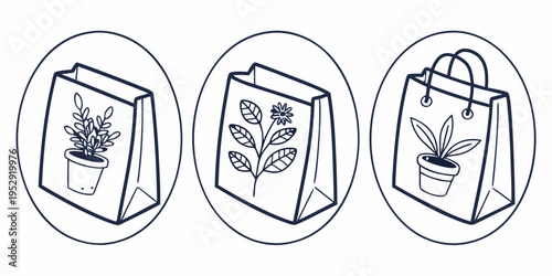 Three illustrated shopping bags featuring potted plants in a minimalist design.