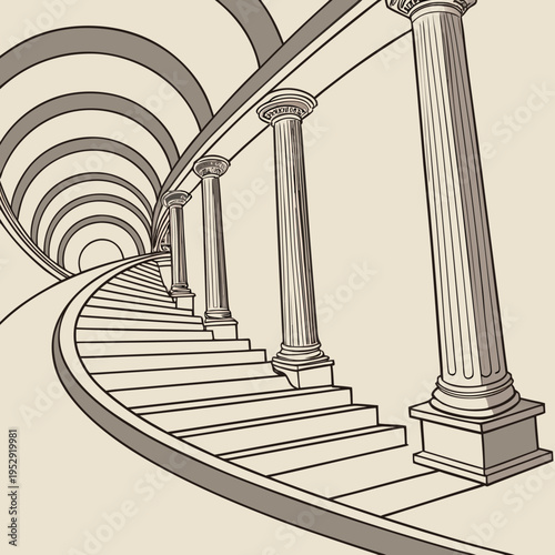 Perspective drawing of a grand staircase with classical columns leading into a circular, receding tunnel, line art