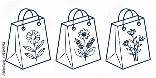 Three paper shopping bags with floral designs on the front.