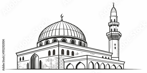 Intricate black and white illustration of a mosque with a dome and minaret