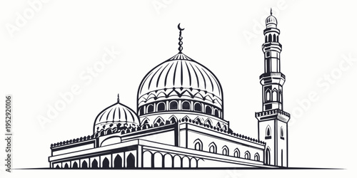 Intricate sketch of a mosque with domes and minarets in black and white