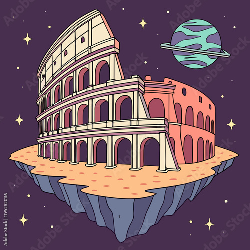 Floating colosseum island in space with planet and stars, surreal digital art, concept of ancient wonders beyond earth, sci fi
