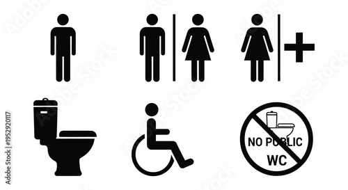 Black silhouettes depict restroom signs accessibility symbols and a toilet