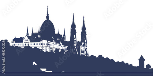 Silhouette of a grand cathedral with spires and domes on a hillside.