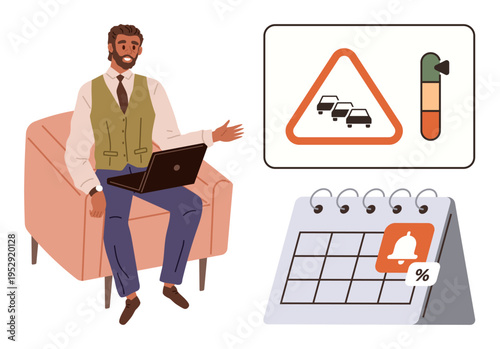 Productivity, task management, efficiency planning, transportation alerts, business scheduling, workload balance. A man with a laptop seated beside icons of traffic, progress, and reminders