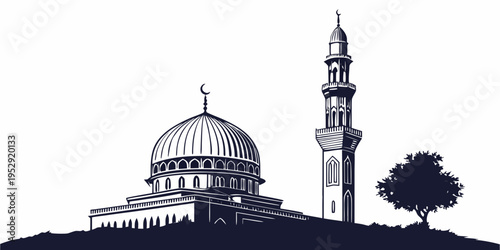 A detailed illustration of a mosque with a dome and minaret on a hillside