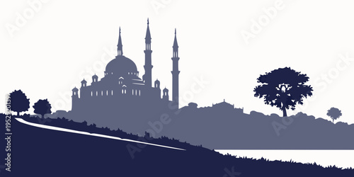 Silhouette of a majestic mosque with minarets and domes at sunset
