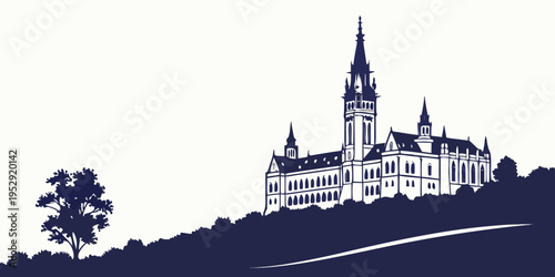 Majestic castle with spires and turrets on a hill overlooking a winding road.