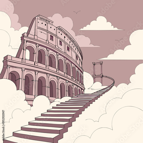 Stairway to heaven illustration leading to colosseum, surreal dreamscape with clouds, concept of ascension and history