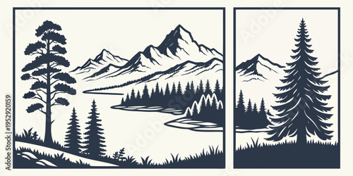 A serene landscape featuring majestic mountains, a tranquil lake, and a lush forest.