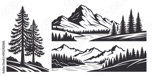 A serene landscape featuring mountains, trees, and a calm forest scene.