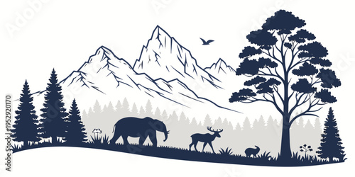 Majestic wildlife scene with mountains, trees, and animals in silhouette