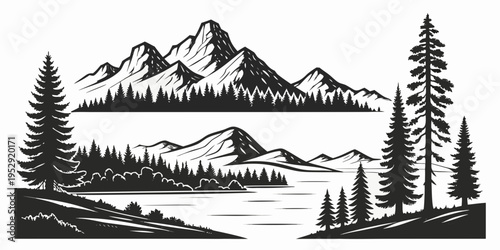 Majestic mountain range with serene lake and dense forest in the foreground