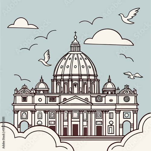St. peter's basilica in vatican city with flying birds and clouds, simplified line art illustration of famous landmark, famous place