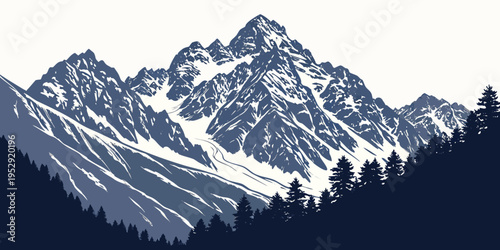 Majestic snow-capped mountain peaks towering above a dark forested landscape.
