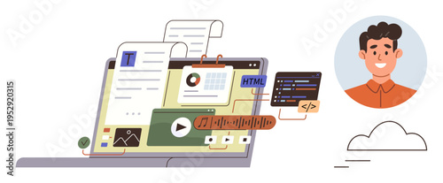 Content management, web development, coding, programming, technology tools, online learning. Open laptop screen showing files, code and media elements. Content management and web development clearly