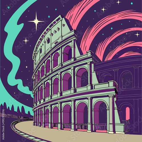 Colosseum at night with cosmic sky, abstract swirls and stars, unique roman landmark illustration, sci fi
