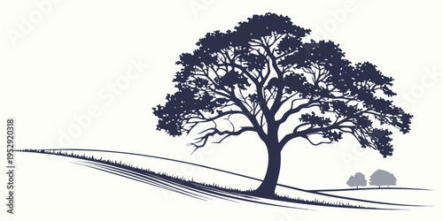 A large tree stands majestically on a hill overlooking a vast landscape