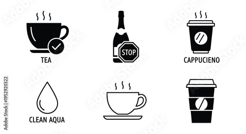 Collection of black and white icons representing beverages and objects