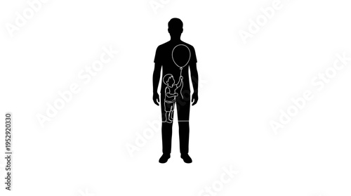 Inner Child Psychology Concept: Adult Silhouette with White Line Art of Child Playing with Balloon, Double Exposure Minimalist Vector.