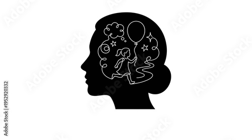 Inner Child Psychology Concept: Adult Silhouette with White Line Art of Child Playing with Balloon, Double Exposure Minimalist Vector.