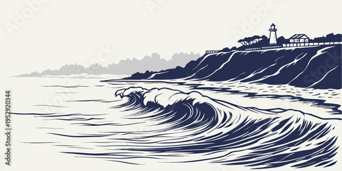 A serene lighthouse standing tall against the crashing waves of the ocean.