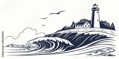 A black and white illustration of a lighthouse standing tall on a rocky cliff.