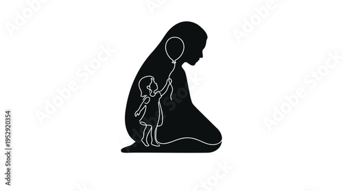 Inner Child Psychology Concept: Adult Silhouette with White Line Art of Child Playing with Balloon, Double Exposure Minimalist Vector.