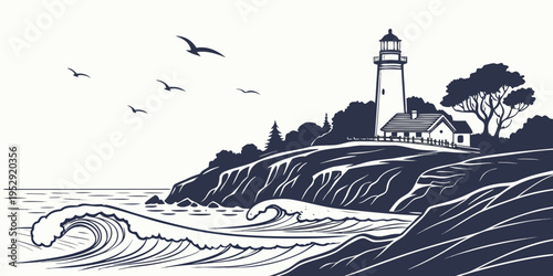 A serene lighthouse standing tall on a rocky cliff with waves crashing below and birds flying in the sky.