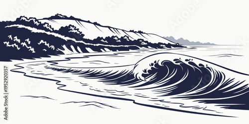 A powerful wave crashes against a rocky shoreline in a dramatic seascape illustration.