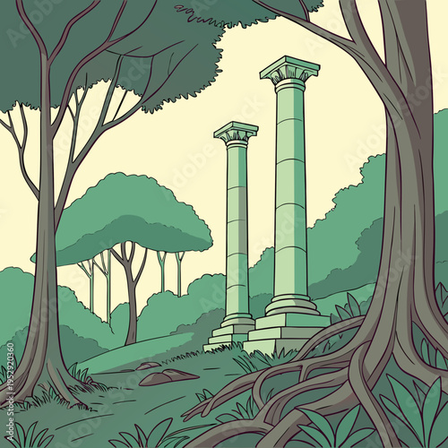Ancient greek or roman columns in a lush forest clearing with overgrown roots and trees with ancient ruins