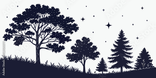 Silhouette of trees and birds against a starry night sky on a hillside