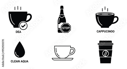 Collection of black and white icons representing beverages and objects
