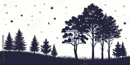Silhouette of trees against a starry night sky with a dark horizon