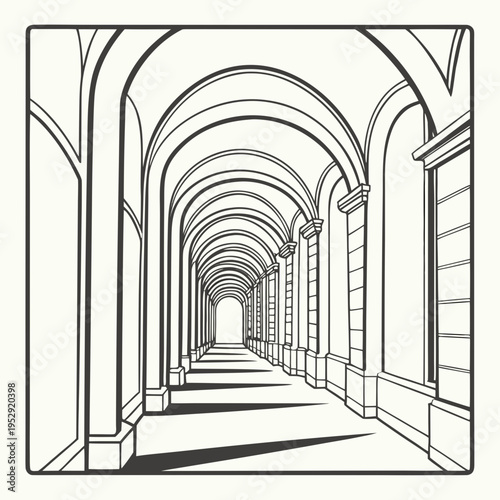 Empty classical archway corridor perspective with repeating arches and shadows with classical architecture