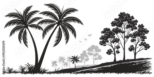 A serene tropical beach scene with palm trees and a calm ocean horizon