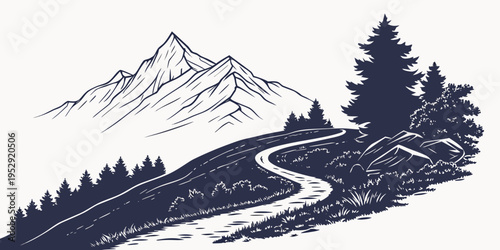 A winding road leads through a serene mountainous landscape with a single tree.