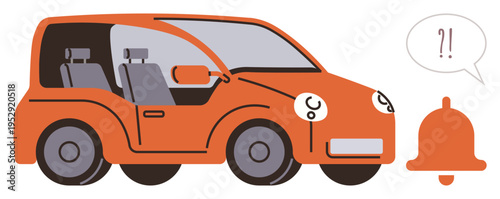 Vehicle alerts, car safety, notifications, emergency symbols, transportation communication, driving awareness. Orange car with a speech bubble and bell icon. Vehicle alerts and car safety ion