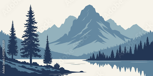 Majestic mountains rise above a serene lake surrounded by a dense forest