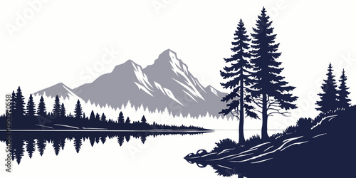 A serene landscape featuring tall pine trees and majestic mountains reflected in a calm lake