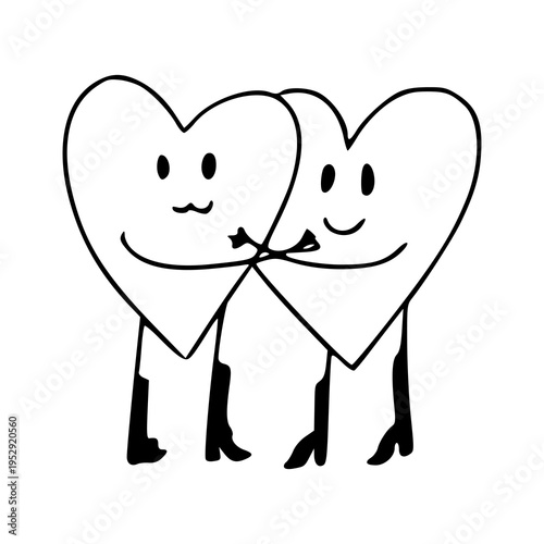 cute heart characters holding hands line art doodle