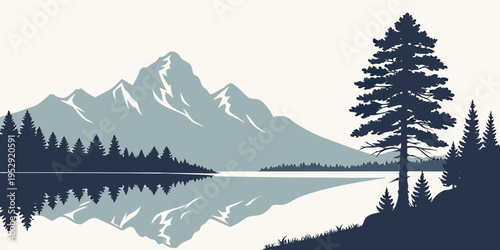 Majestic mountain landscape with a serene lake and tall pine tree