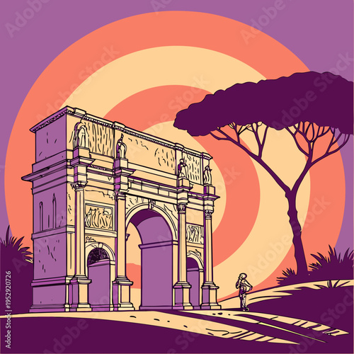 Triumphal arch and pine tree in a stylized landscape at sunset, travel and historical landmark, graphic art
