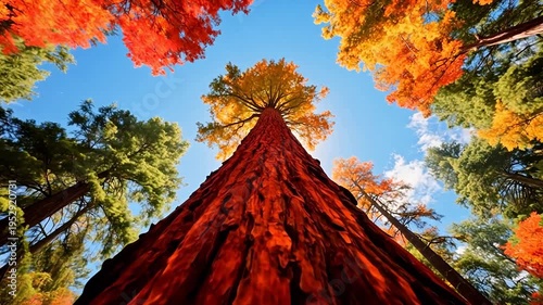 Towering redwood trunk under autumn leaves