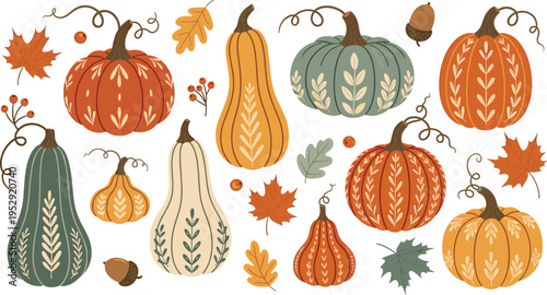 Autumn Pumpkin and Gourd Collection with Decorative Fall Leaves, Acorns, and Harvest Botanical Elements for Thanksgiving, Seasonal Decoration, and Rustic Vector Design