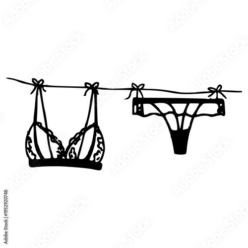 black lingerie set hanging on clothesline illustration