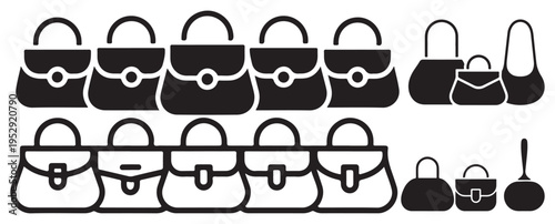 Rows of women's fashion handbag silhouettes, boutique bag collection. vector illustration eps 10