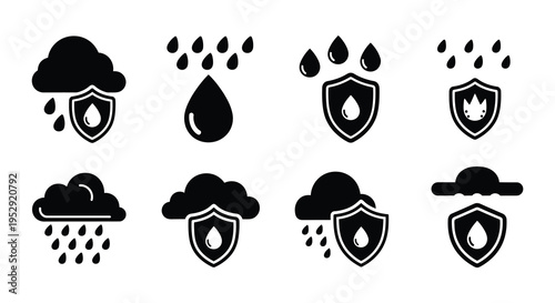 Black and white icons depicting weather rain and protective shields