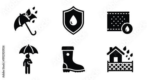 Black and white icons depicting weather rain and protective shields